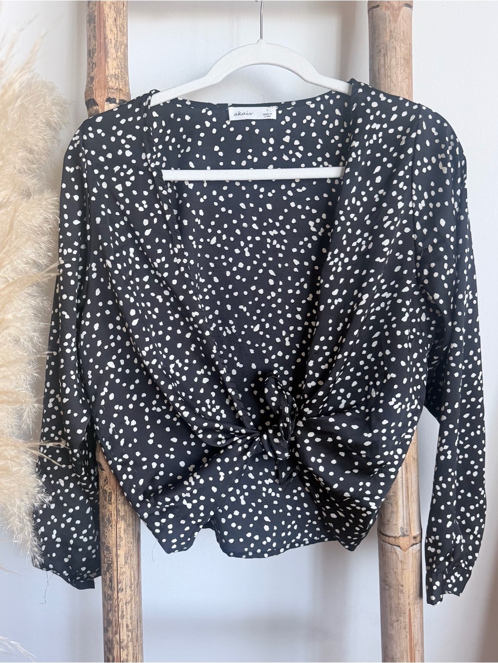 Women’s Black & White Dot Tie-Front Blouse